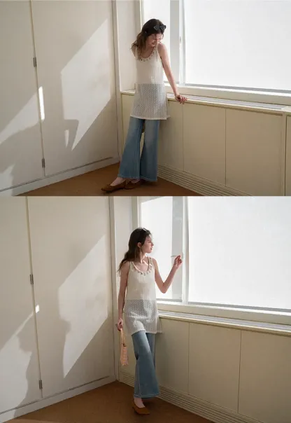 knitted sleeveless tank top with lace trim and button details