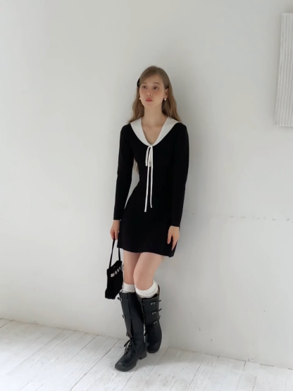 Womens Contrast Tie Collar Knit Dress