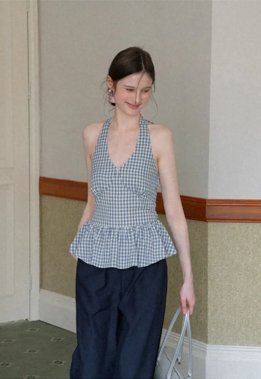 Gingham Halter Neck Peplum Top