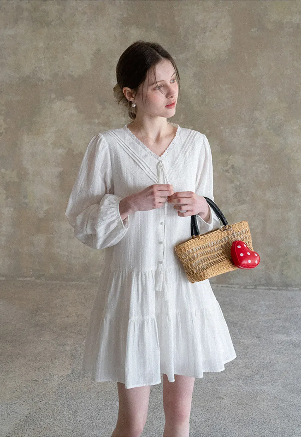 V neck long sleeve tiered dress with lace trim