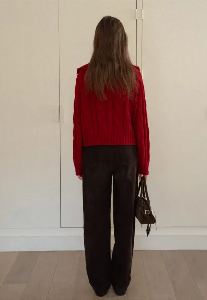 Cable Knit Turtleneck Sweater with Ribbed Sleeves and Hem