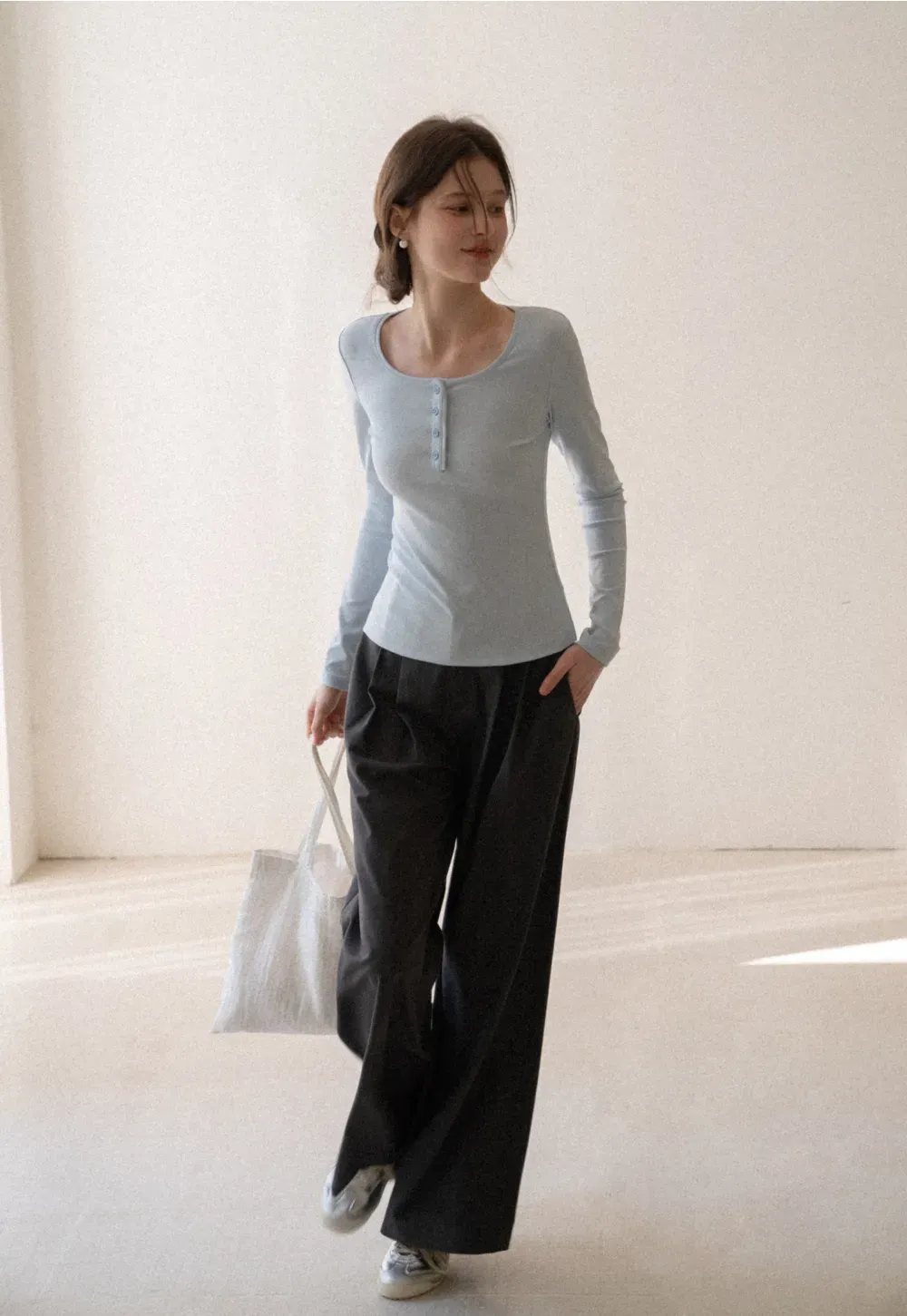 Long sleeve henley top with front buttons