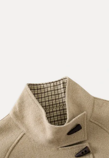 Womens Stand Collar Toggle Wool Coat with Plaid Trim