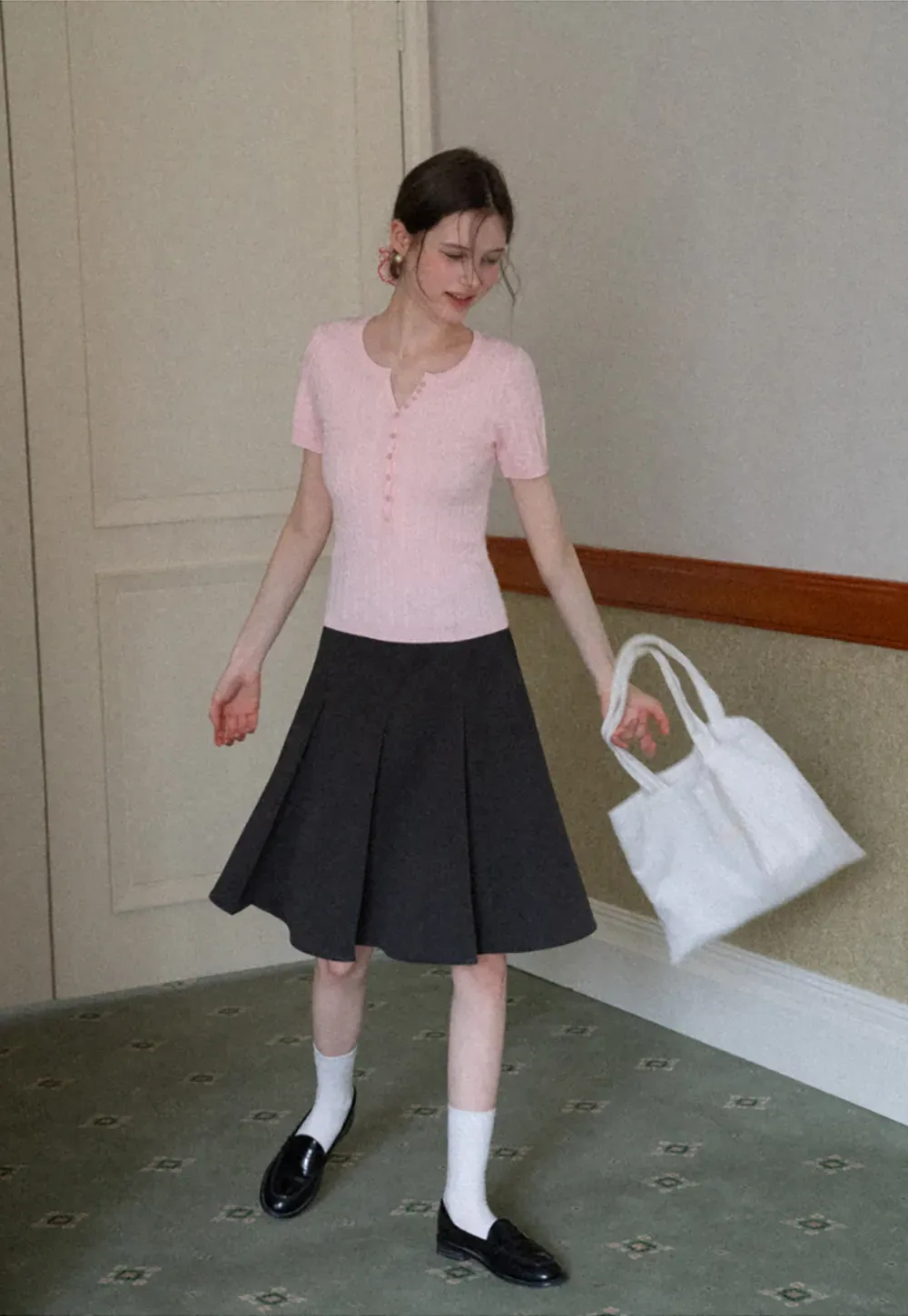 Cable Knit Short Sleeve V Neck Sweater