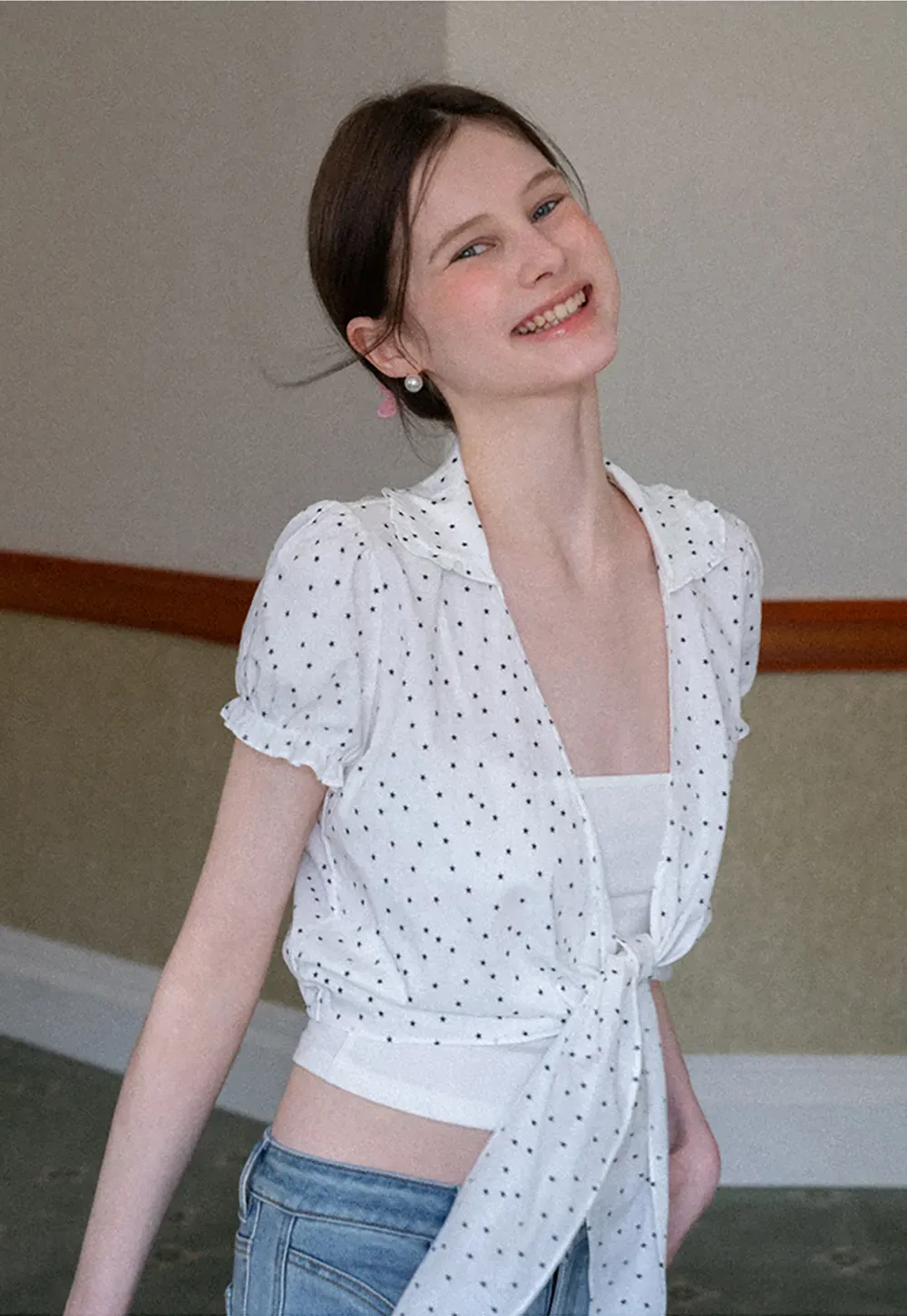 Polka dot short sleeve shirt with front tie detail