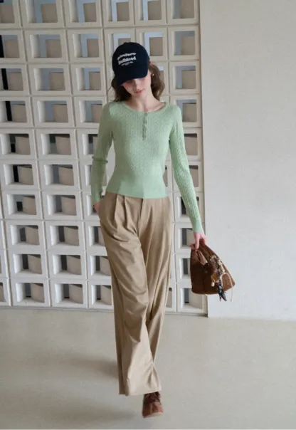 Cable Knit Long Sleeve Sweater with Button Detail