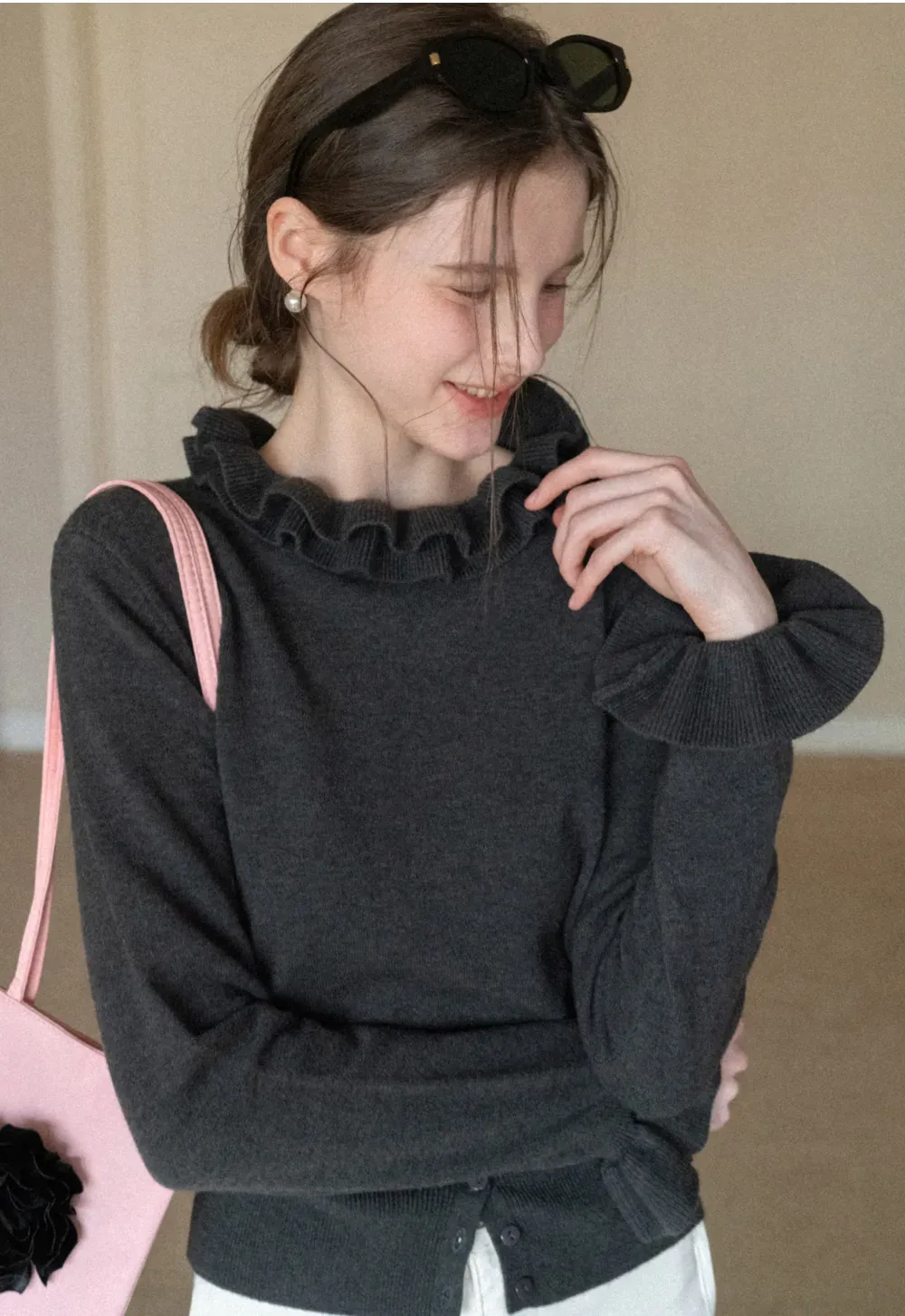 Elegant Ruffle Detail Knit Sweater with Flared Cuffs and Neckline