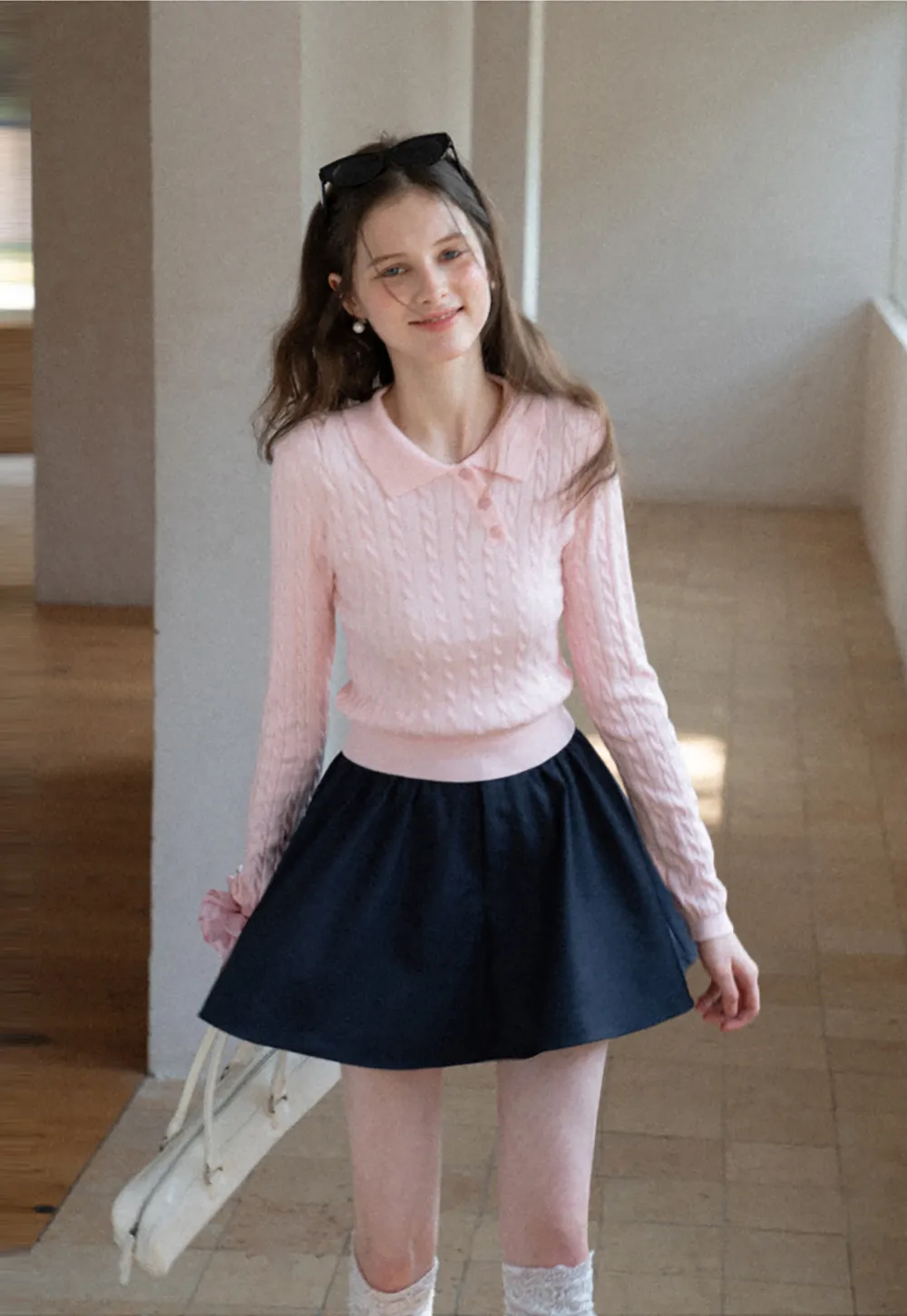 Cable Knit Long Sleeve Polo Neck Cropped Sweater