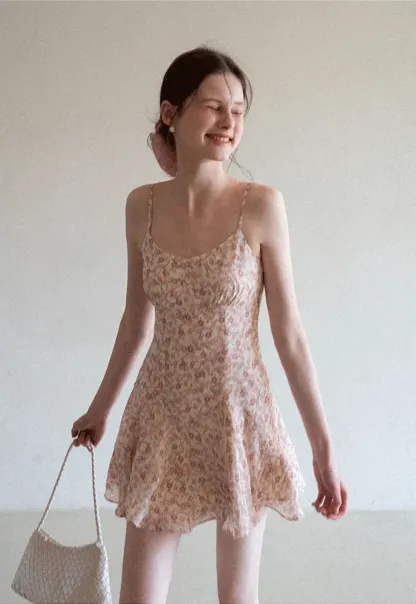 Floral Print Sleeveless Mini Dress with Pleated Skirt