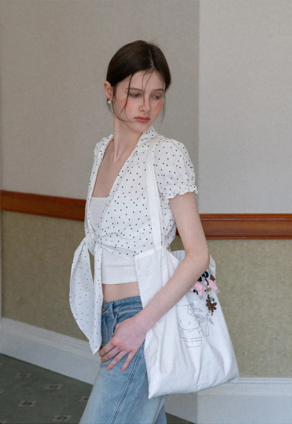 Polka dot short sleeve shirt with front tie detail