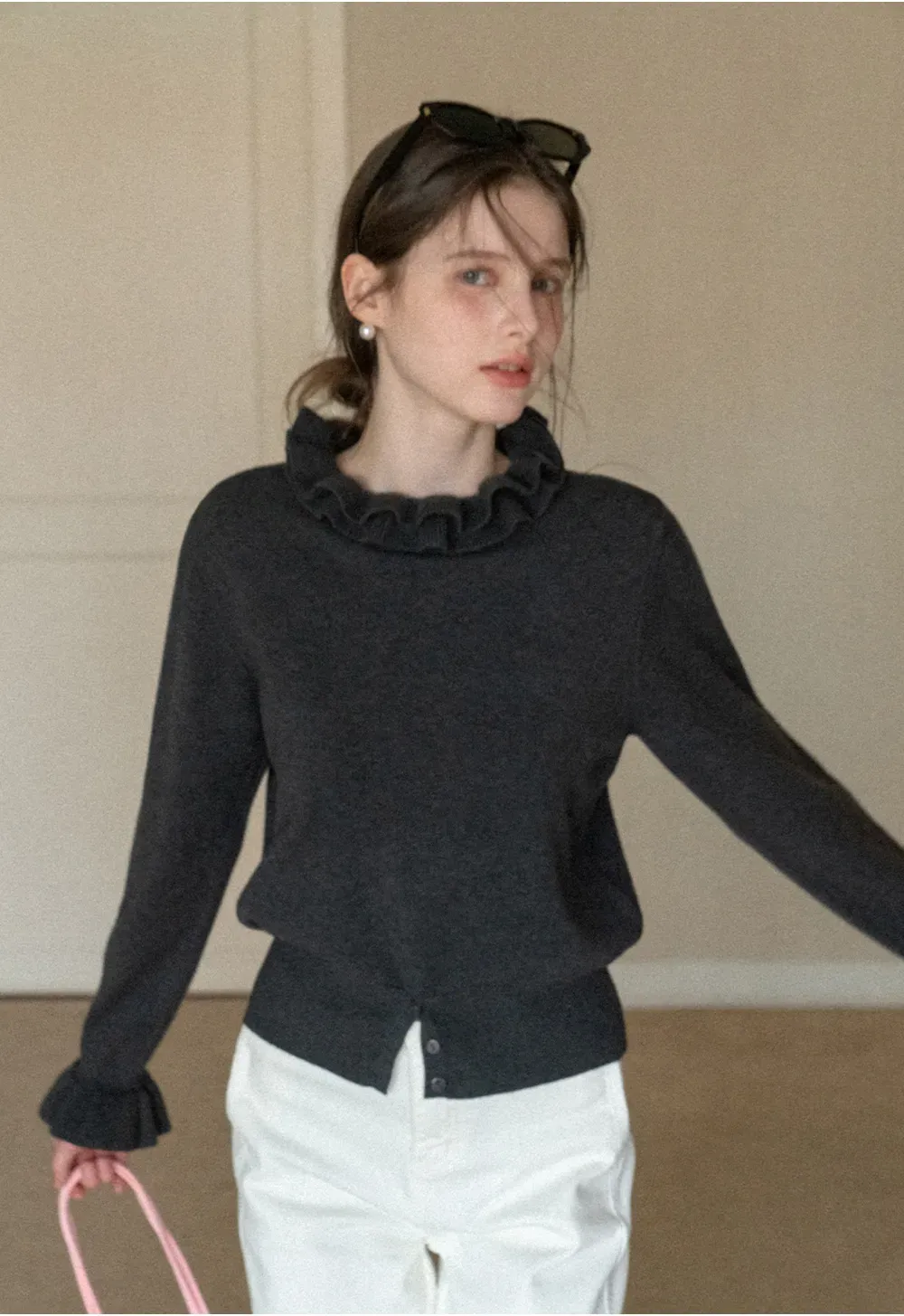 Elegant Ruffle Detail Knit Sweater with Flared Cuffs and Neckline