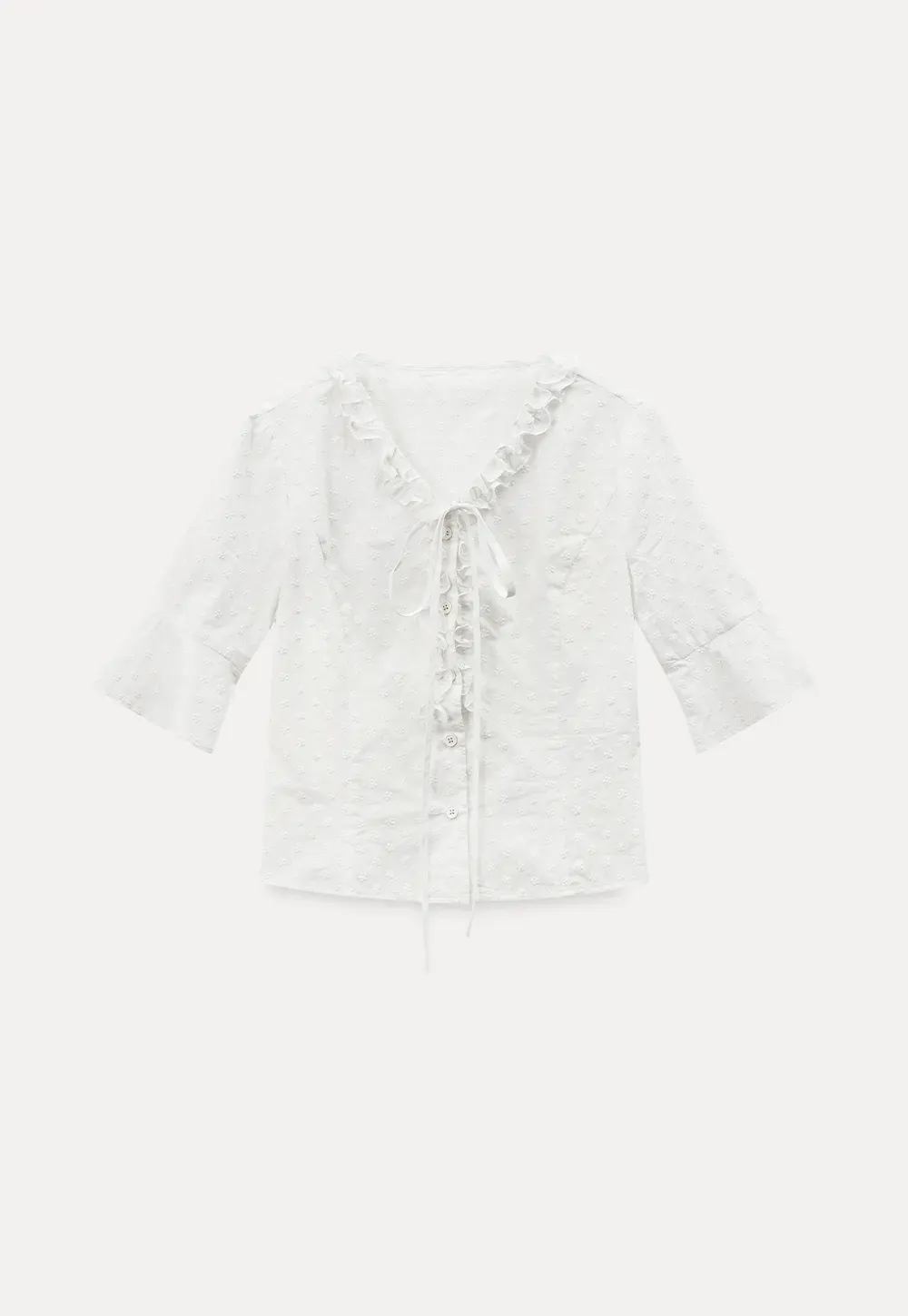 V neck blouse with lace trim and tie front