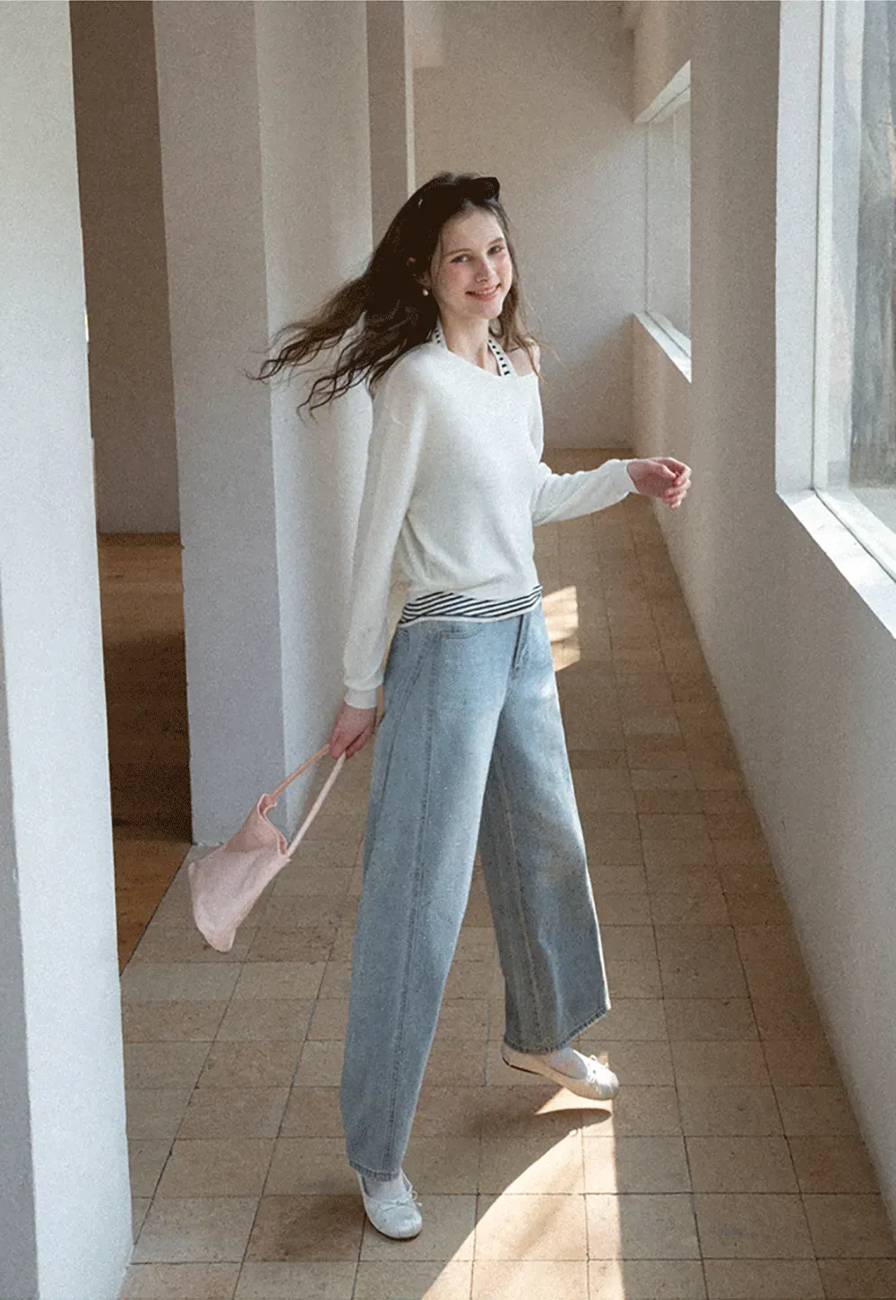 Wide leg jeans with subtle dot embellishments