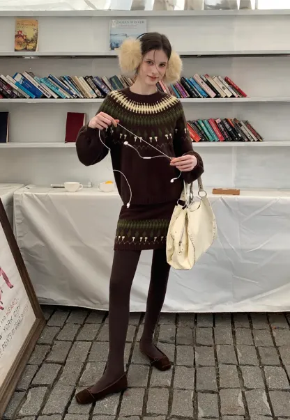 Woolen Knit Sweater and Skirt Set with Pattern Design