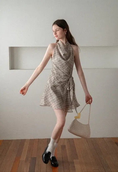 Plaid Halter Neck Wrap Dress with Side Tie