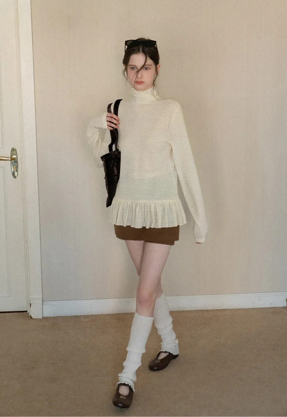 floral dot long sleeve top with ruffle hem