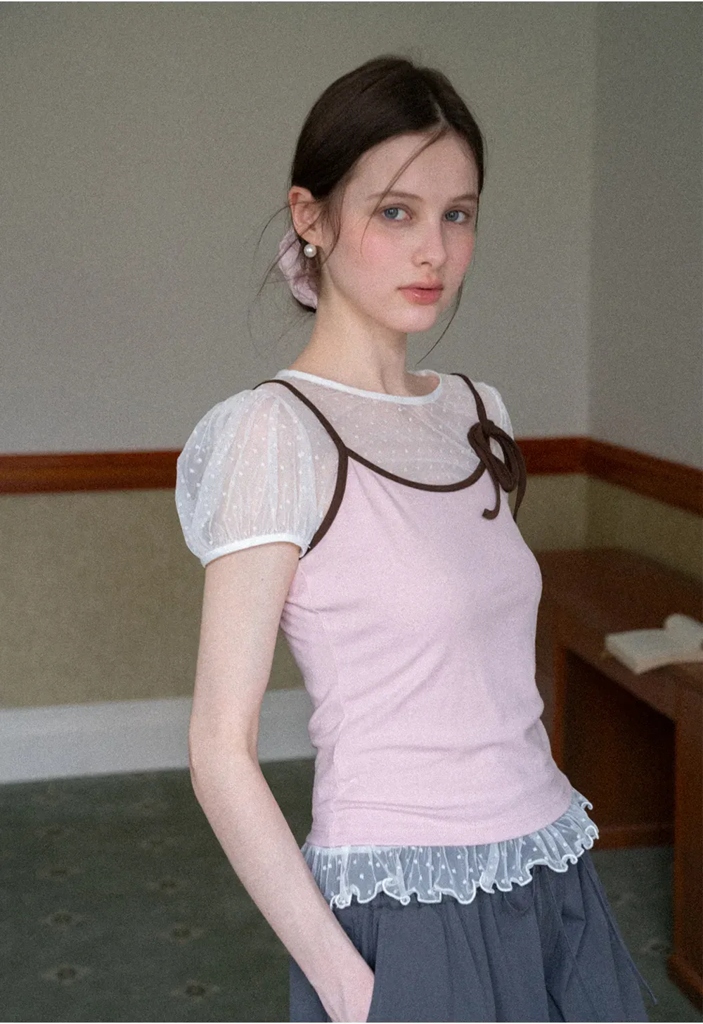 Sheer Mesh Trimmed Tank Top with Bow Detail