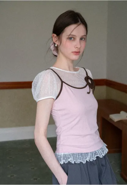 Sheer Mesh Trimmed Tank Top with Bow Detail