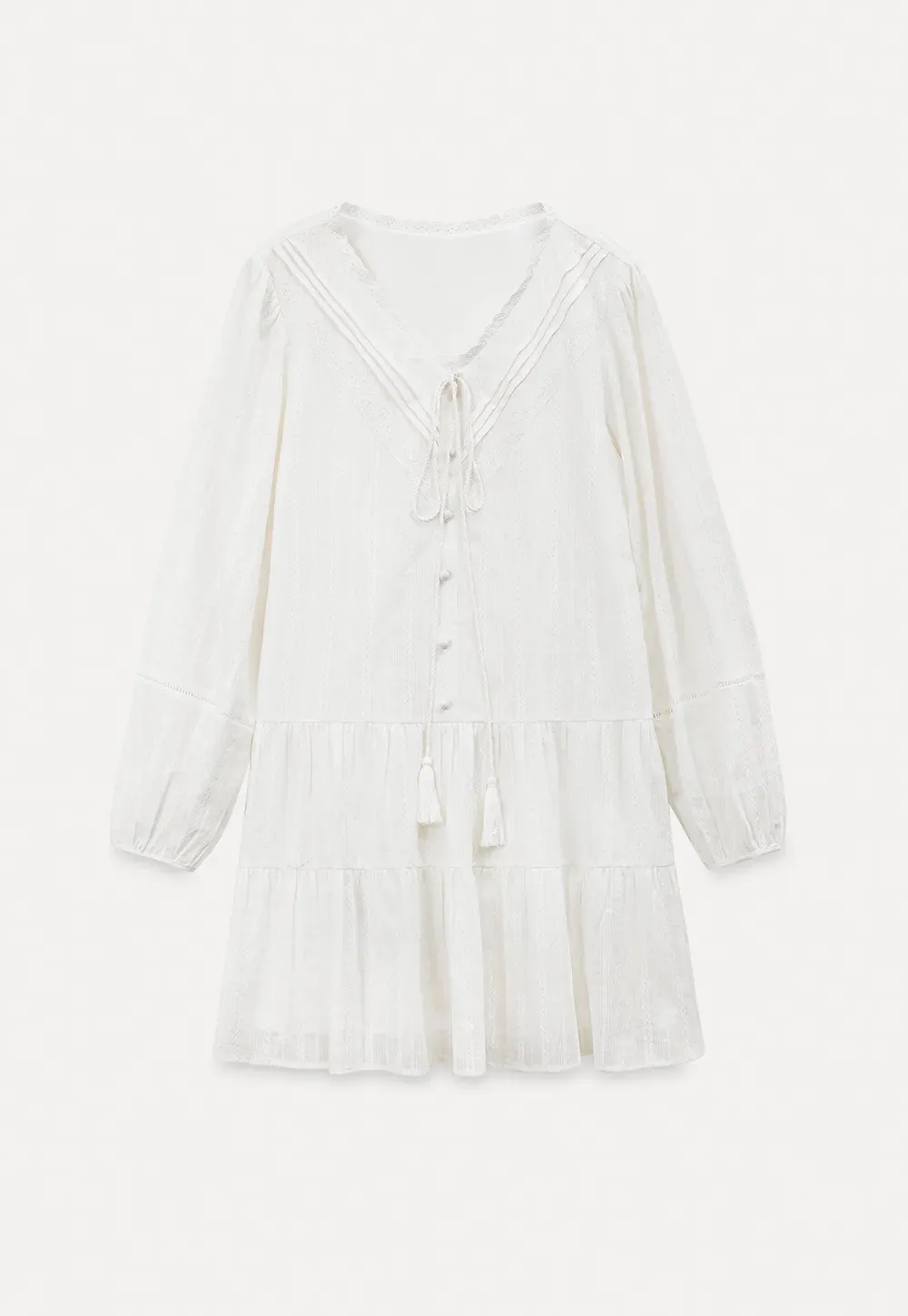 V neck long sleeve tiered dress with lace trim