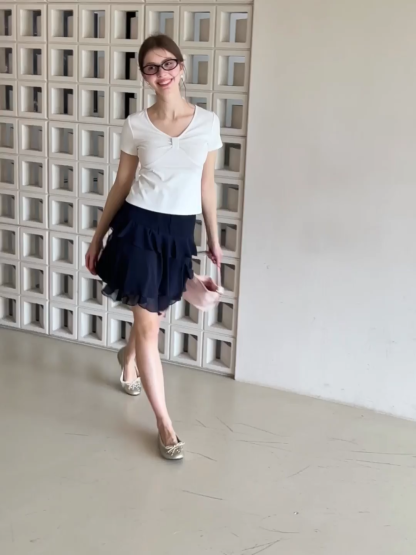 V neck short sleeve top with front knot detail