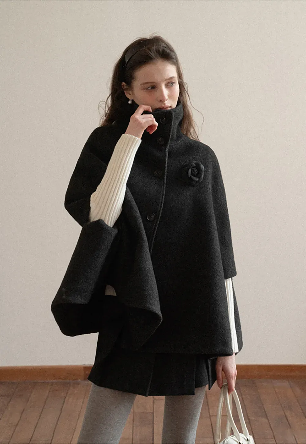 Wool Cape with High Neck Design