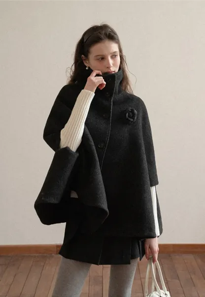 Wool Cape with High Neck Design