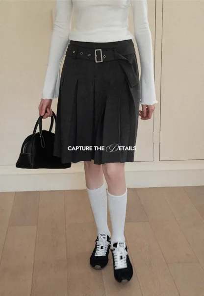 Pleated A Line Skirt with Belt Detail