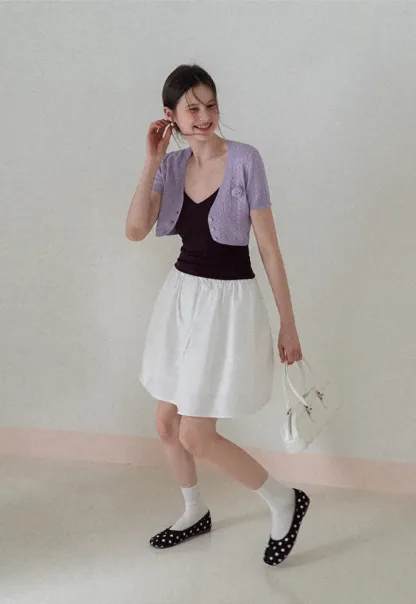 Short Sleeve Cable Knit Cardigan with Button Closure