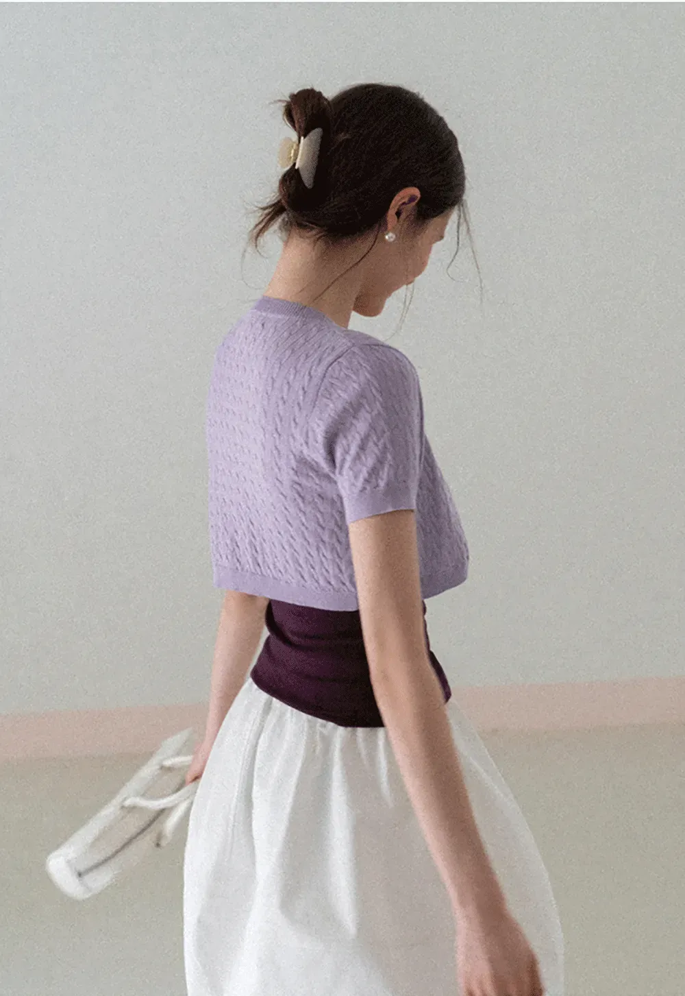 Short Sleeve Cable Knit Cardigan with Button Closure