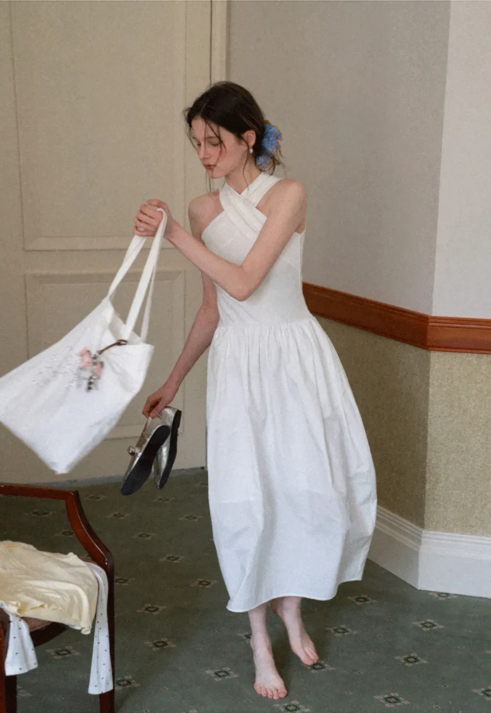 Halter Neck A Line Midi Dress with Pleated Skirt