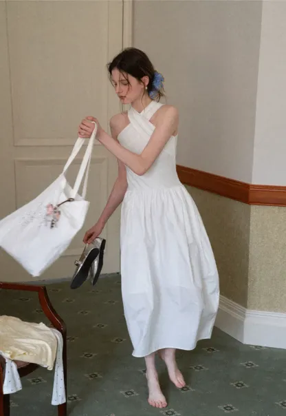 Halter Neck A Line Midi Dress with Pleated Skirt