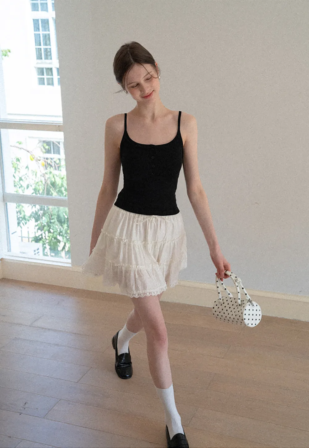 Tiered lace hem drawstring waist skirt