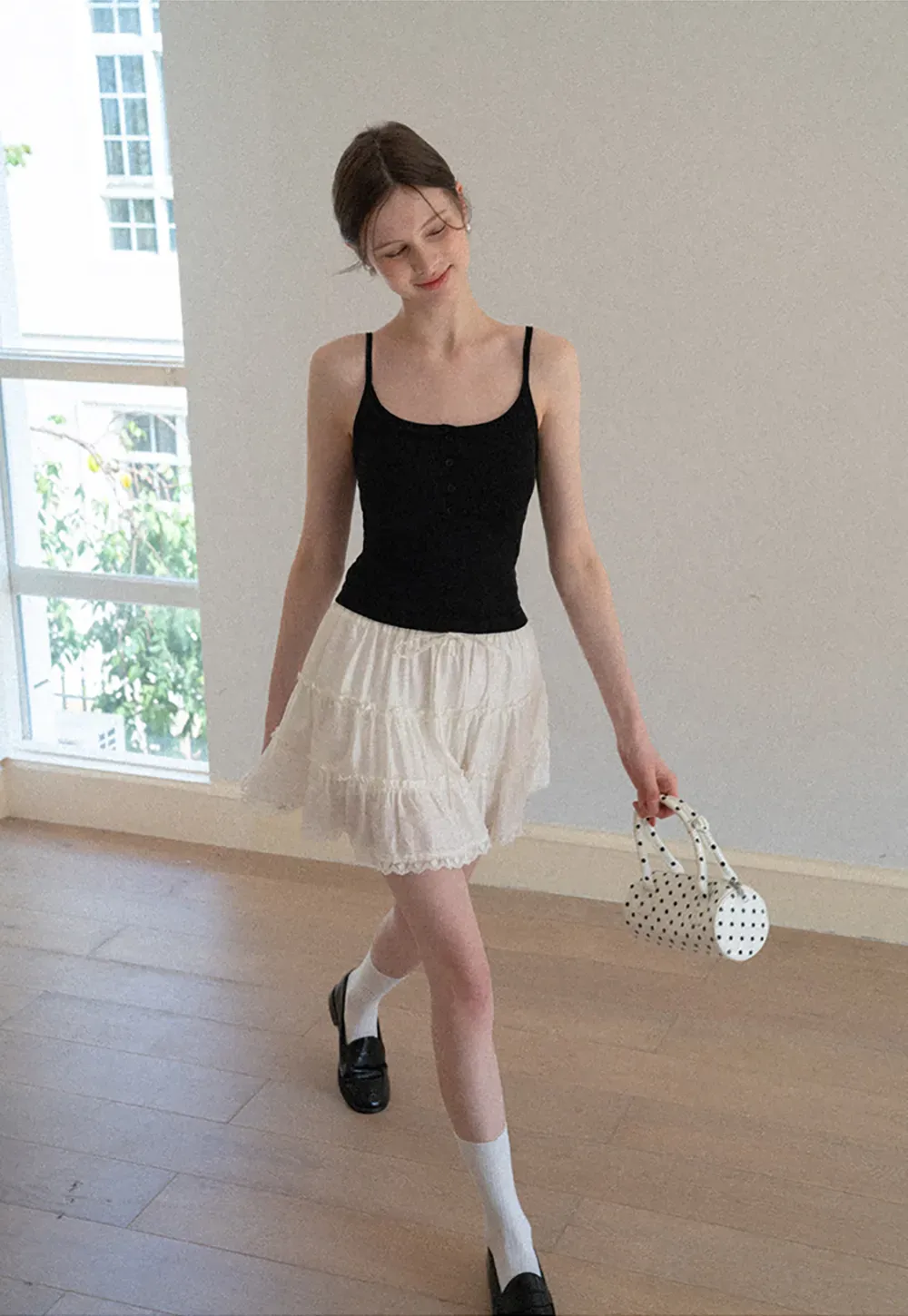 Tiered lace hem drawstring waist skirt