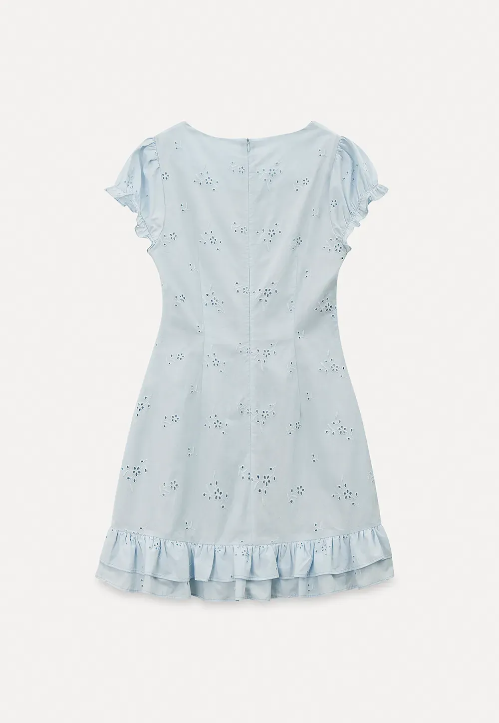 Eyelet dress with puff sleeves and ruffled hem