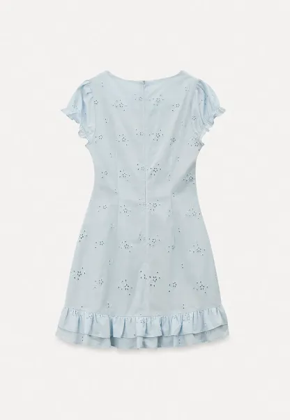 Eyelet dress with puff sleeves and ruffled hem