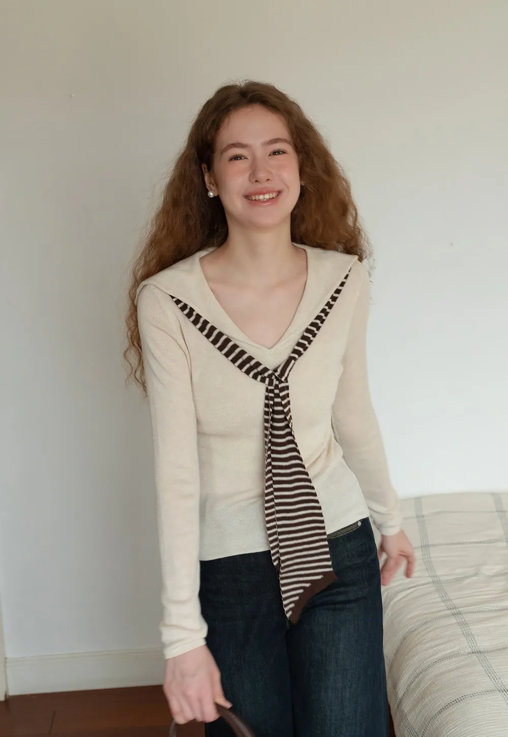 Womens Sailor Collar Long Sleeve Knit Top with Tie