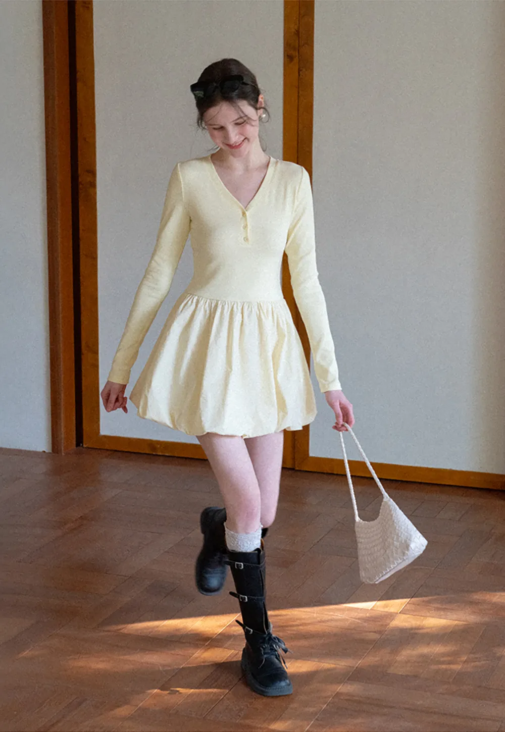 V neck long sleeve dress with flared skirt