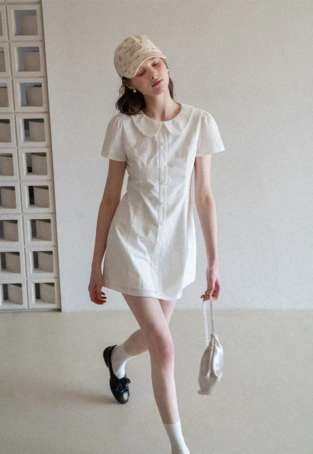 Button Front Dress with Peter Pan Collar and Short Sleeves