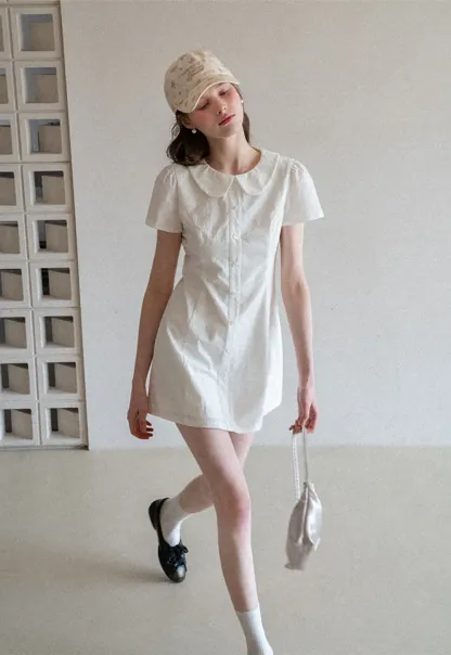 Button Front Dress with Peter Pan Collar and Short Sleeves