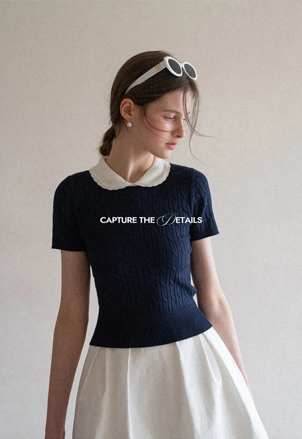 Cable Knit Short Sleeve Sweater with Collar