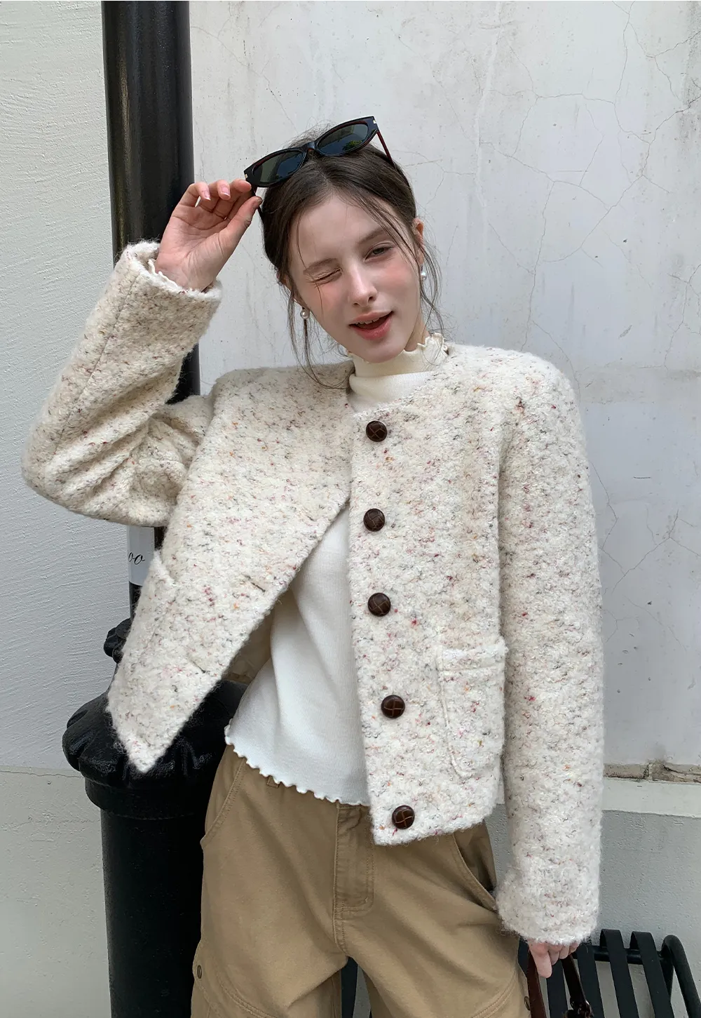 Textured Short Jacket with Long Sleeves and Round Neck