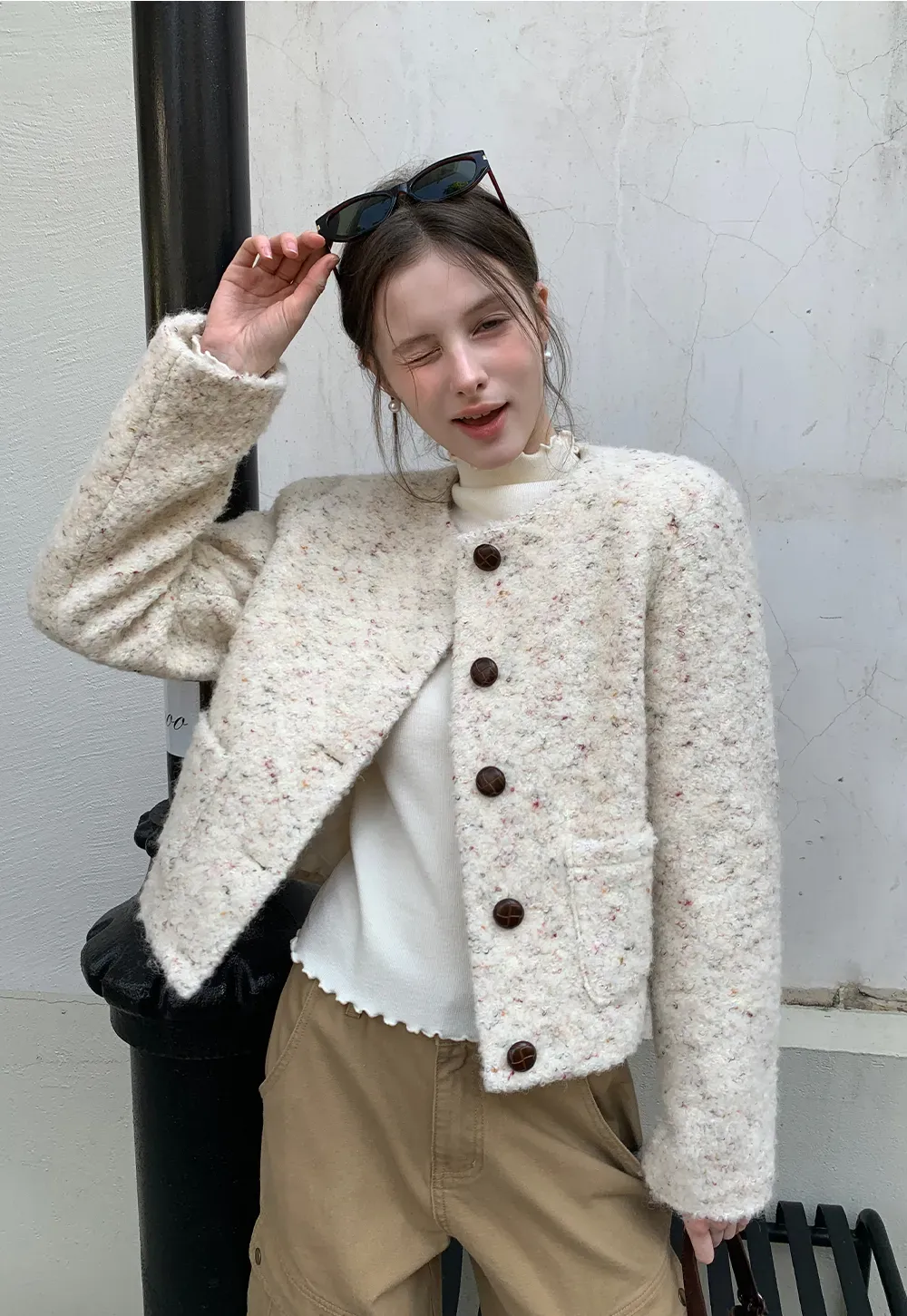 Textured Short Jacket with Long Sleeves and Round Neck