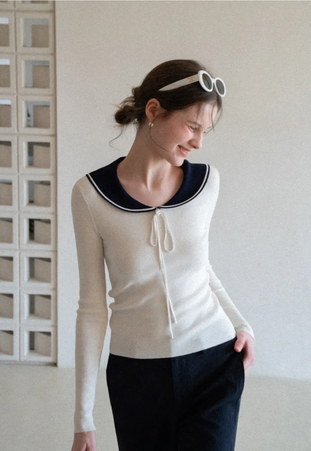 Knit Sweater with Collar and Tie Detail