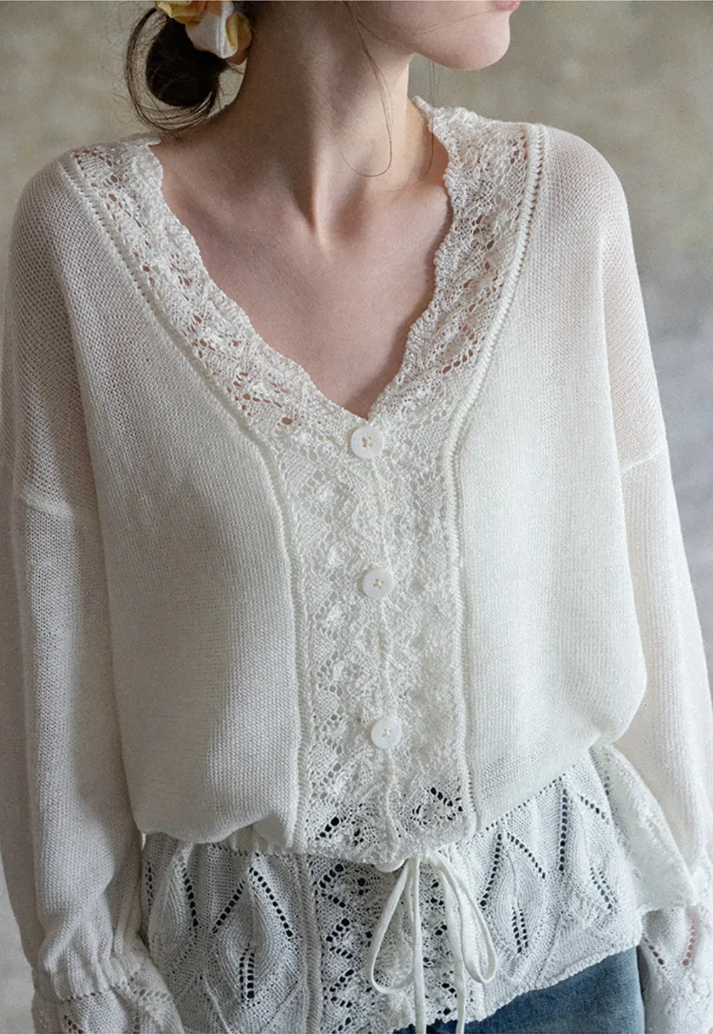 Lace Trimmed V Neck Knit Sweater with Drawstring Hem