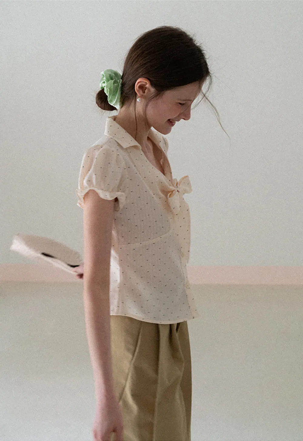 Short Sleeve Shirt with Bow Detail and Polka Dots