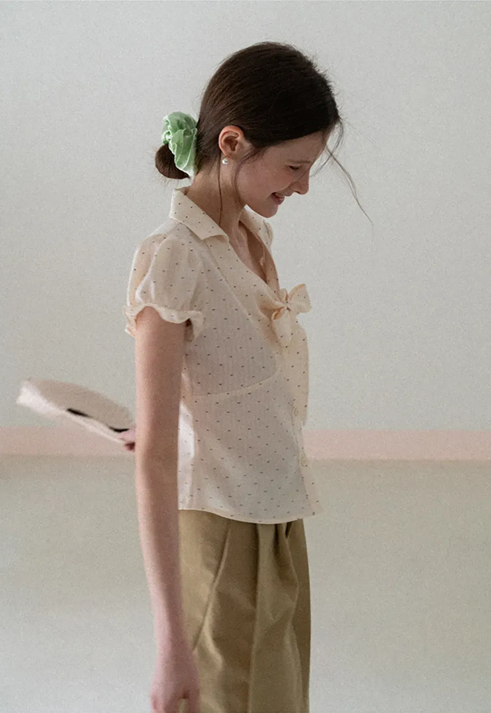 Short Sleeve Shirt with Bow Detail and Polka Dots