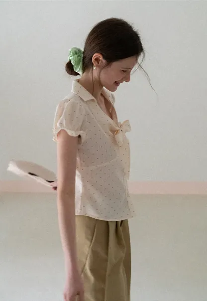Short Sleeve Shirt with Bow Detail and Polka Dots