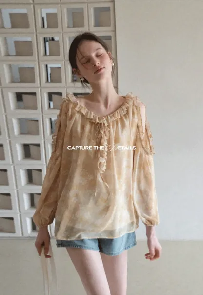 Lace Chiffon Blouse with Ruffled Neck and Sleeves