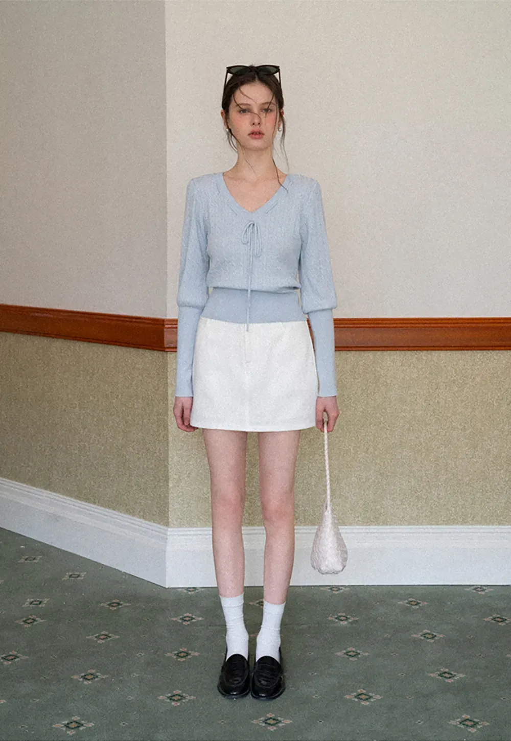 V Neck Knit Sweater with Front Tie Detail