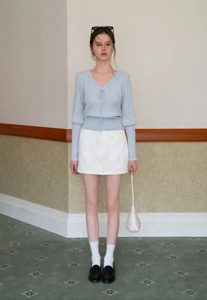 V Neck Knit Sweater with Front Tie Detail